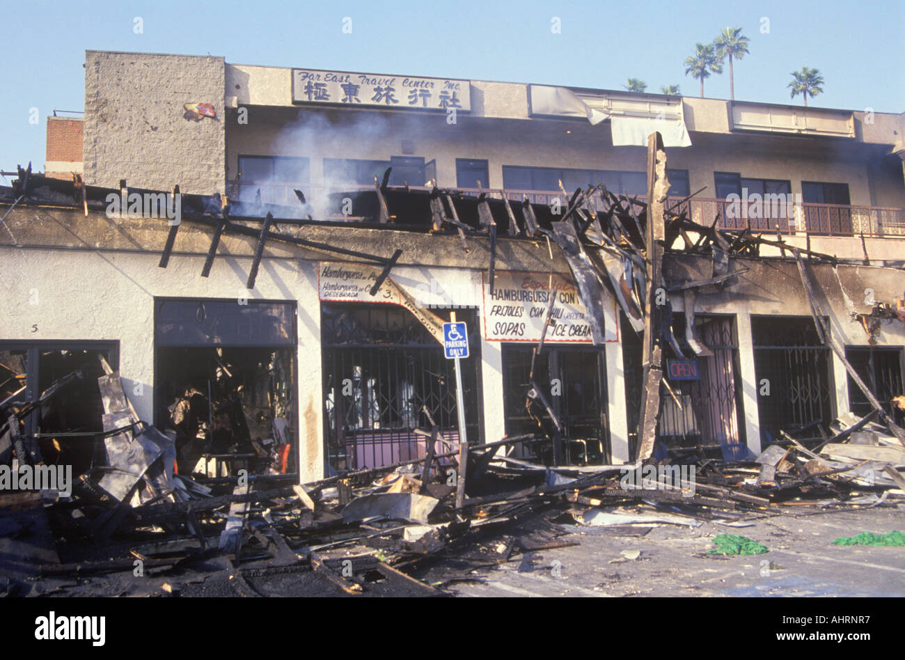 Strip mall burned out during 1992 riots South Central Los Angeles California Stock Photo