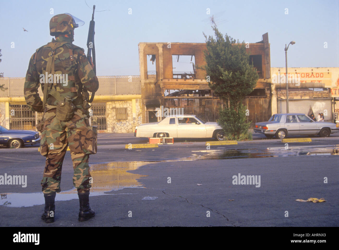National Guardsman patrolling after 1992 riots South Central Los Angeles California Stock Photo