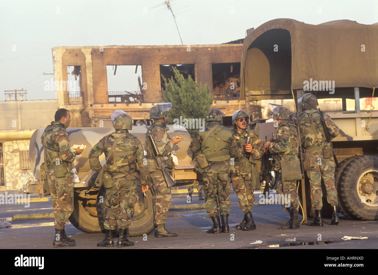 National Guardsmen taking meal break 1992 riots South Central Los Angeles California Stock Photo