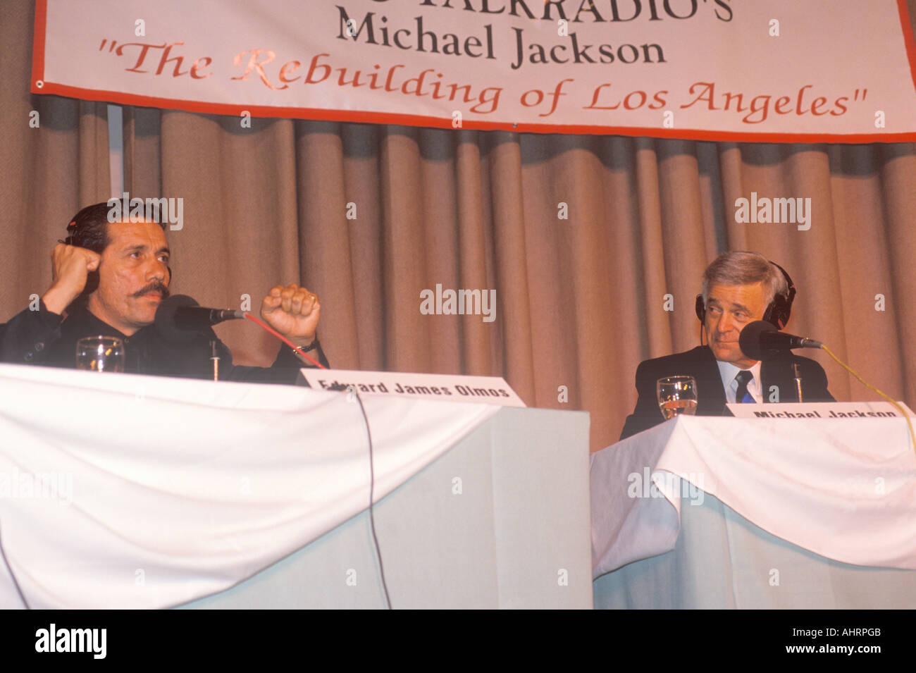 Edward James Olmos and radio host Michael Jackson during conference South Central Los Angeles California Stock Photo