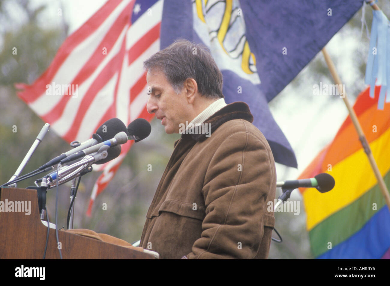 Political activist Carl Sagan speaking at rally Washington D C Stock Photo