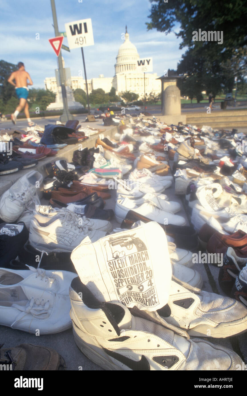 Shoes symbolizing victims of gun violence Washington D C Stock Photo