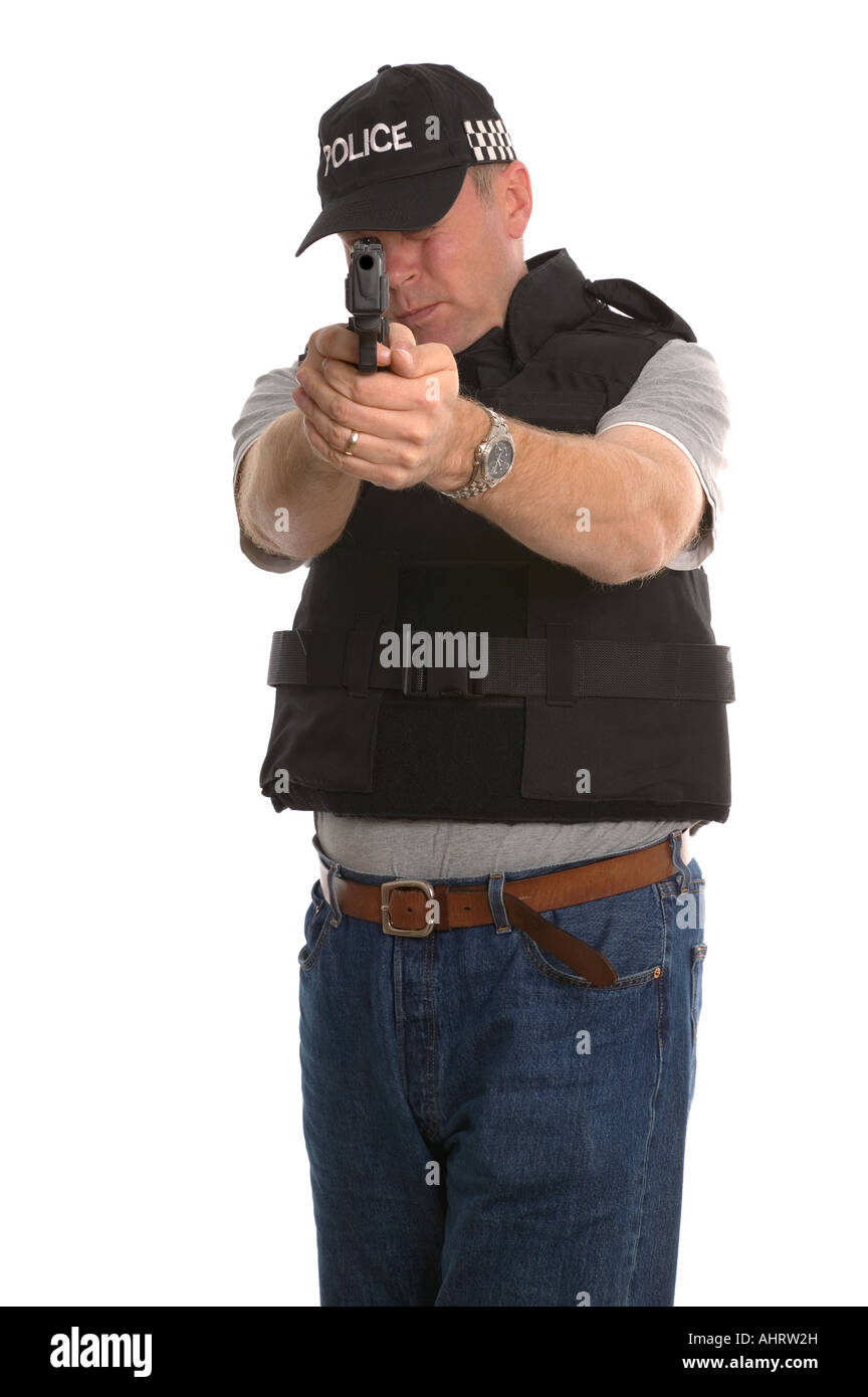 Undercover armed Police officer aiming his handgun at you Stock Photo