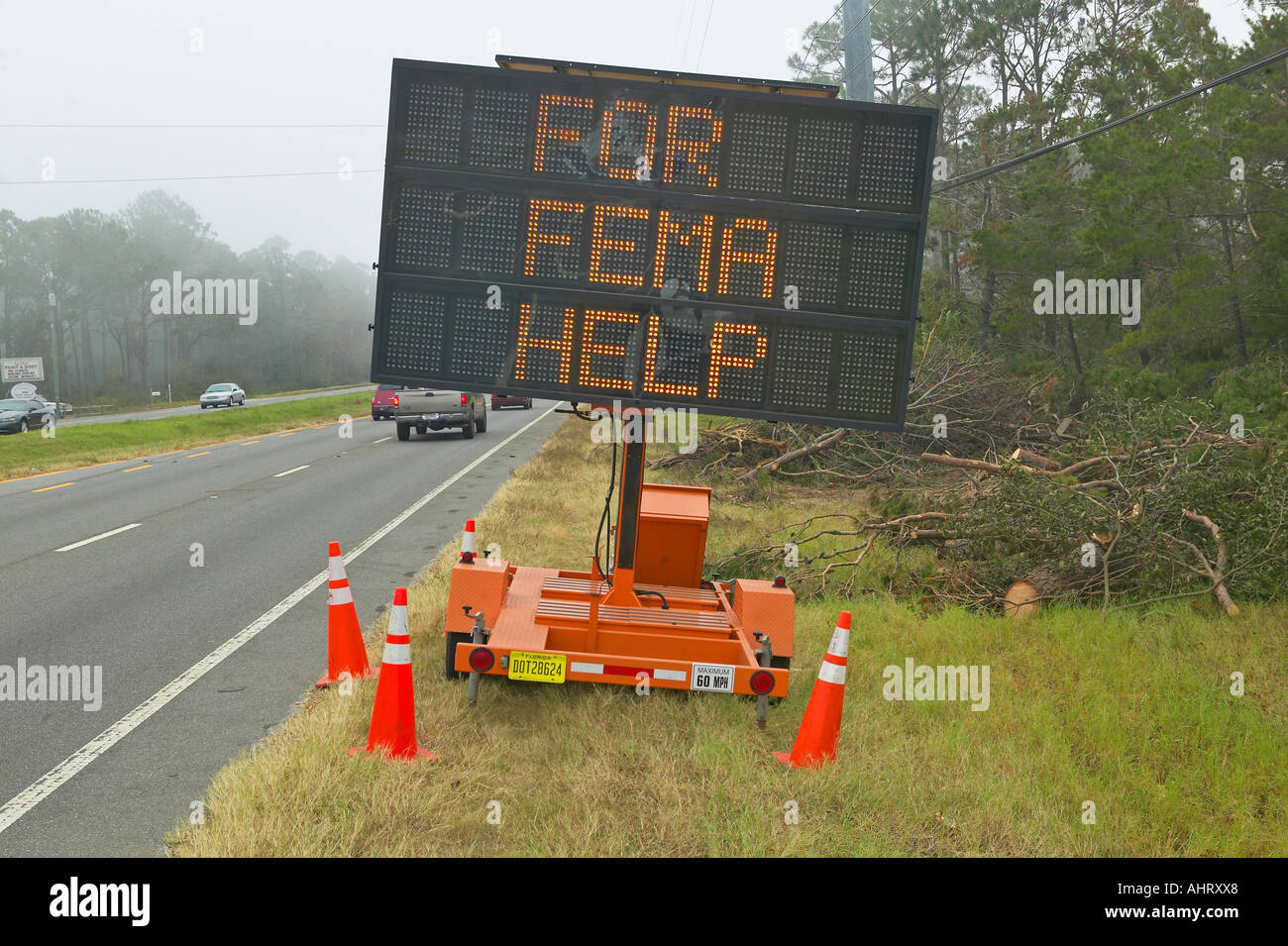 Hurricane Ivan Emergency road sign in Pensacola Florida advertising help from FEMA the Federal Emergency Management Agency Stock Photo