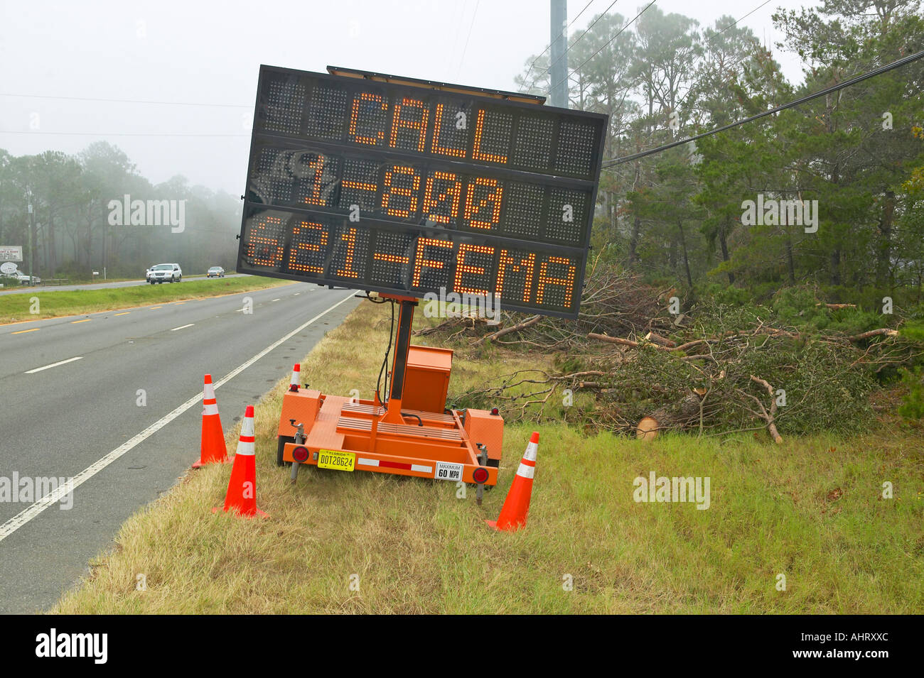 Hurricane Ivan Emergency road sign in Pensacola Florida advertising help from FEMA the Federal Emergency Management Agency Stock Photo