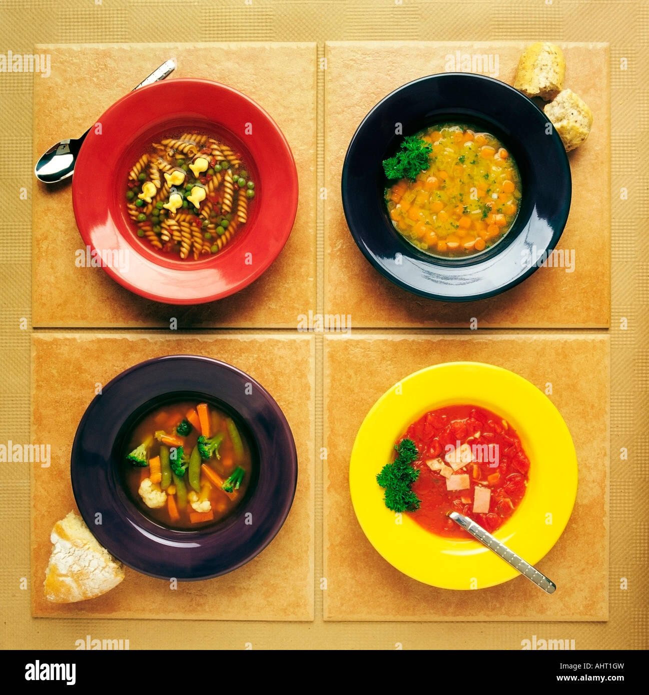 Four dishes of different food Stock Photo