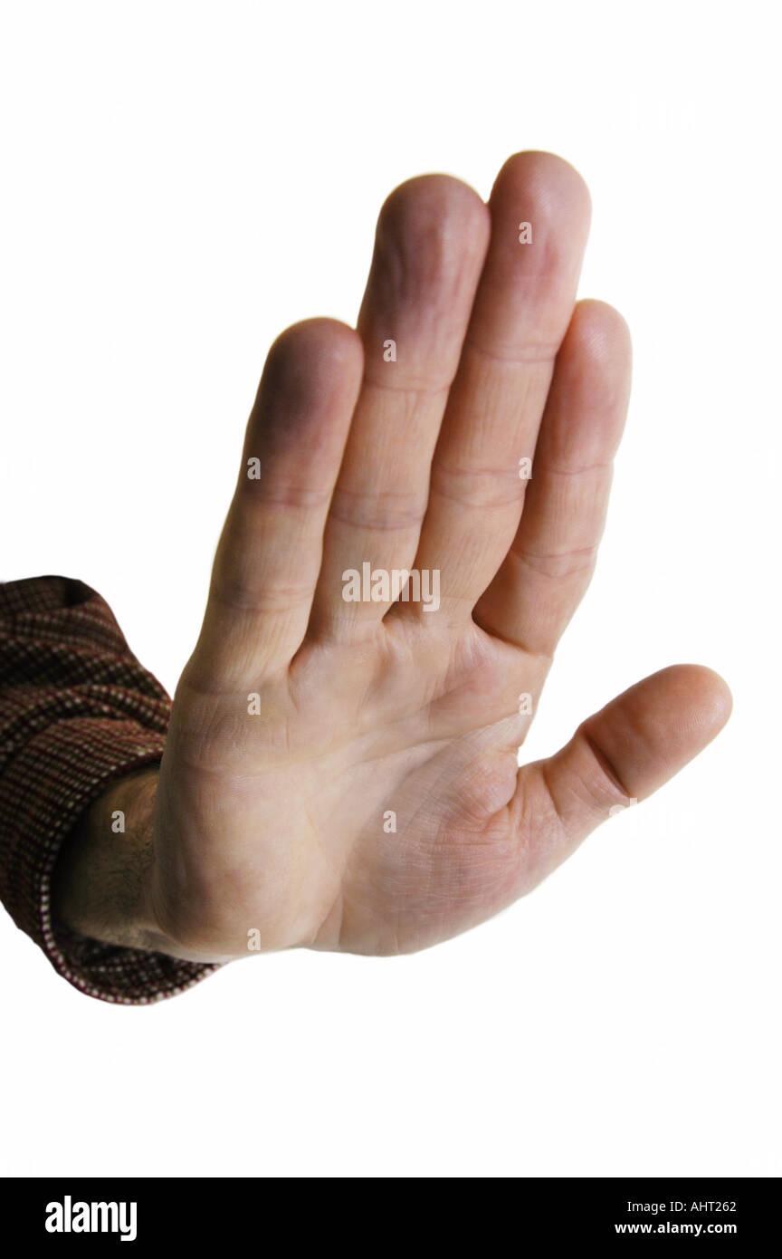 gesturing hand STOP beware of DO NOT quiet STOP GO AWAY please  Stock Photo