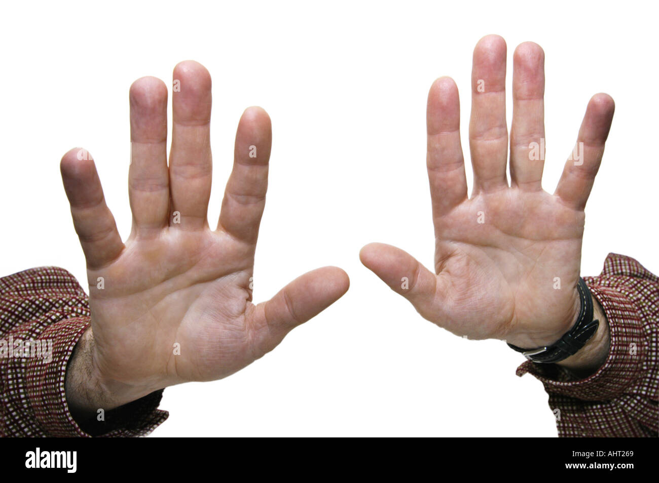 gesturing hands open hands STOP beware of DO NOT quiet please COUNT GO AWAY Stock Photo