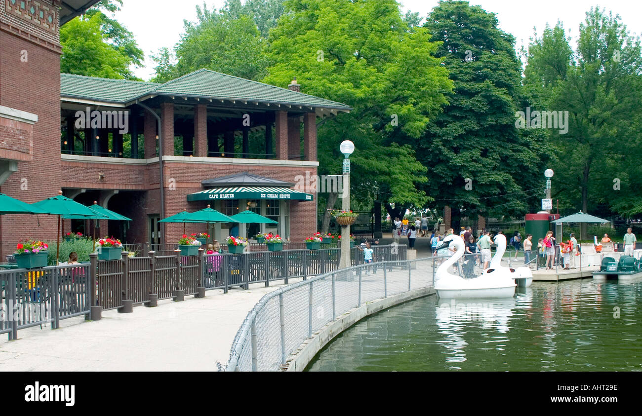 Lincoln Park Lagoon Pavilion with swan paddle boats in the water