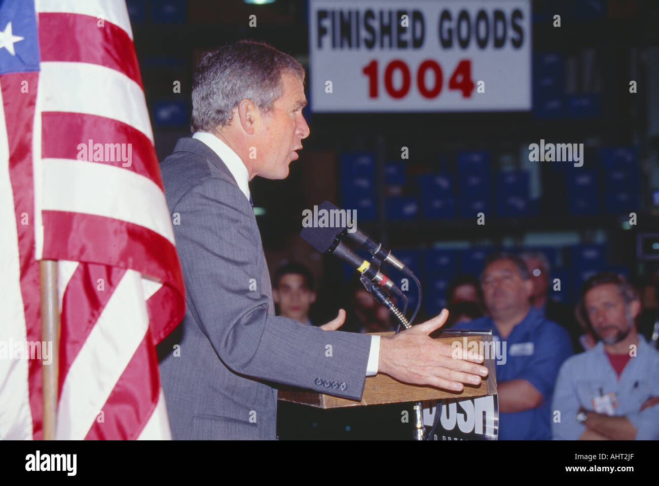 George W Bush speaking from podium at campaign rally Laconia NH January 2000 Stock Photo