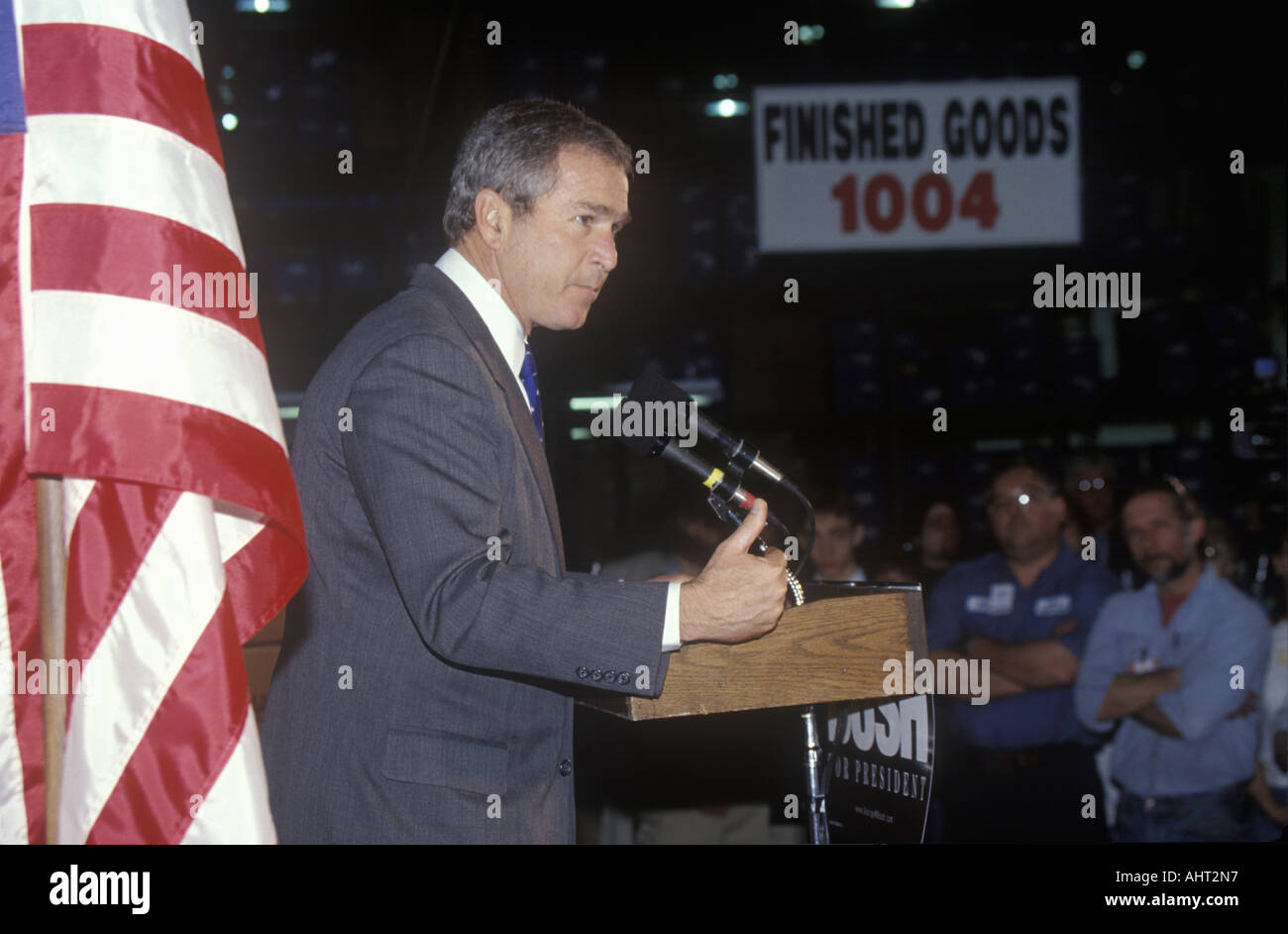 George W Bush speaking from podium at campaign rally Laconia NH January 2000 Stock Photo