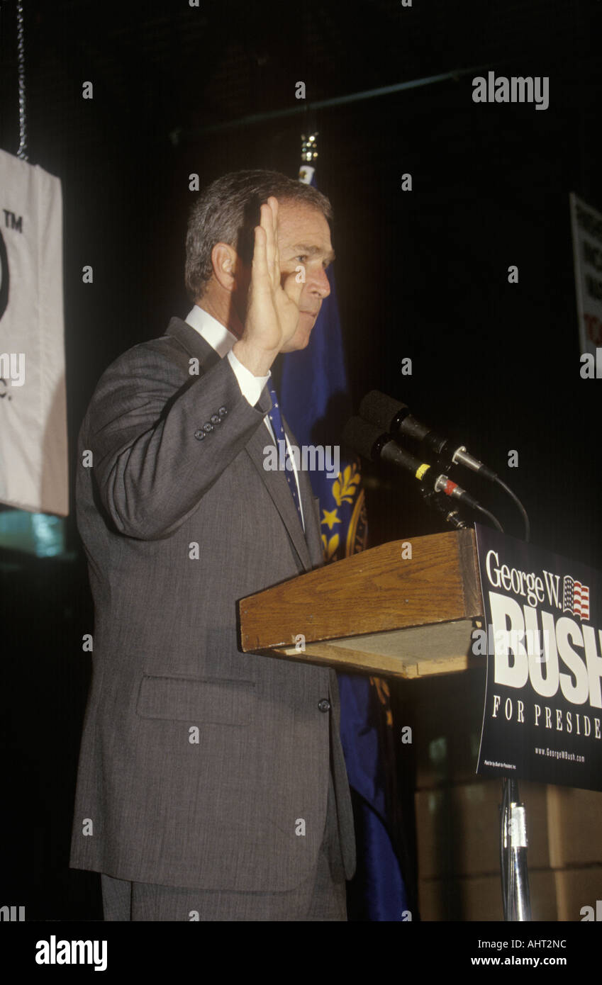 George W Bush speaking from podium at campaign rally Laconia NH January 2000 Stock Photo