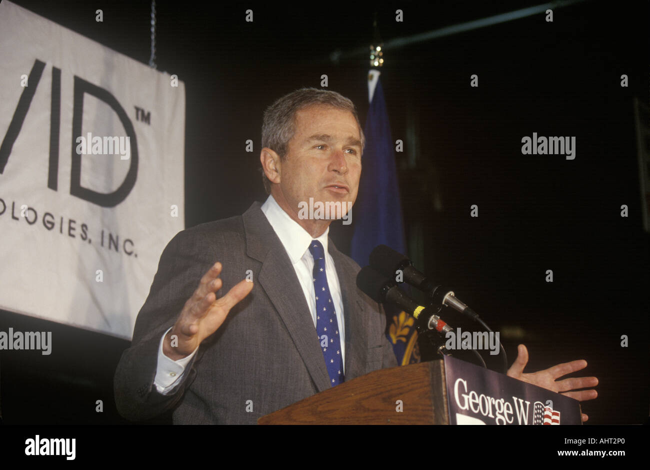 George W Bush speaking from podium at campaign rally Laconia NH January 2000 Stock Photo