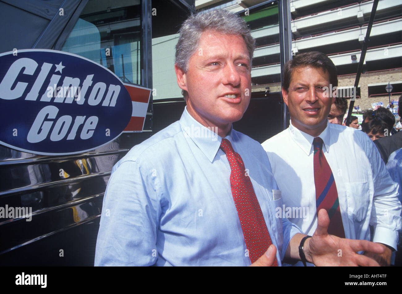 Governor Bill Clinton and Senator Al Gore on the 1992 Buscapade campaign tour in San Antonio Texas Stock Photo