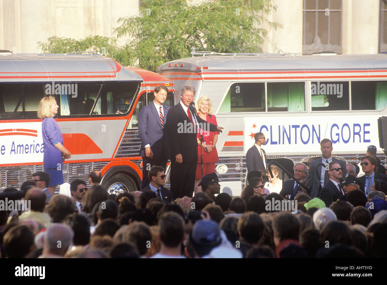 Governor Bill Clinton and Senator Al Gore on the 1992 Buscapade campaign kick off tour in Cleveland Ohio Stock Photo