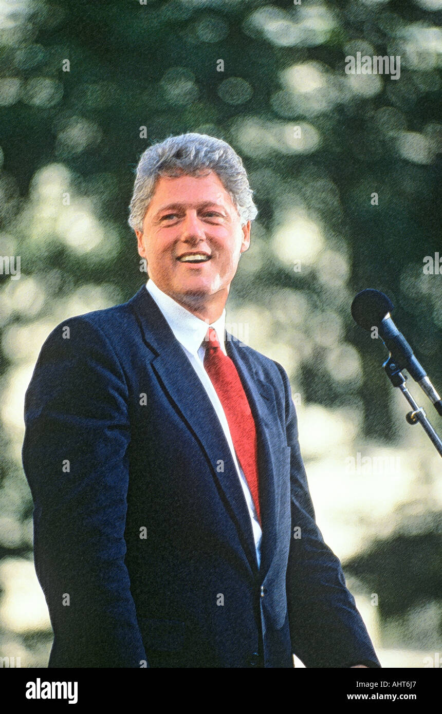 Digitally enhanced image of Governor Bill Clinton speaking in Ohio during the Clinton Gore 1992 Buscapade campaign tour in Stock Photo