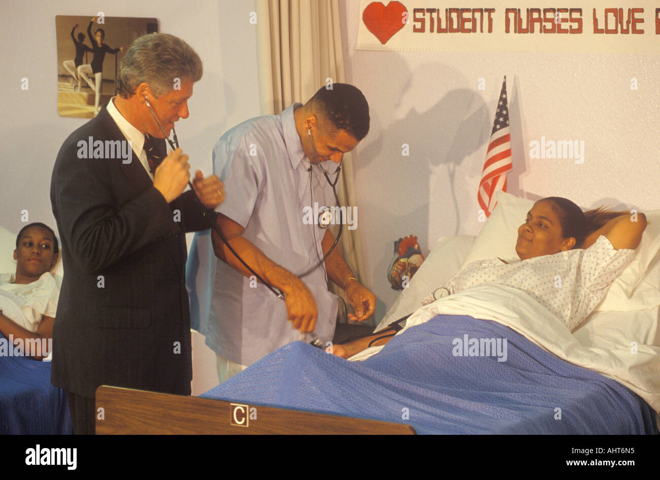 Governor Bill Clinton greets patient at a nurse s job training program at  the Maxine Waters Employment Preparation Center in Stock Photo - Alamy