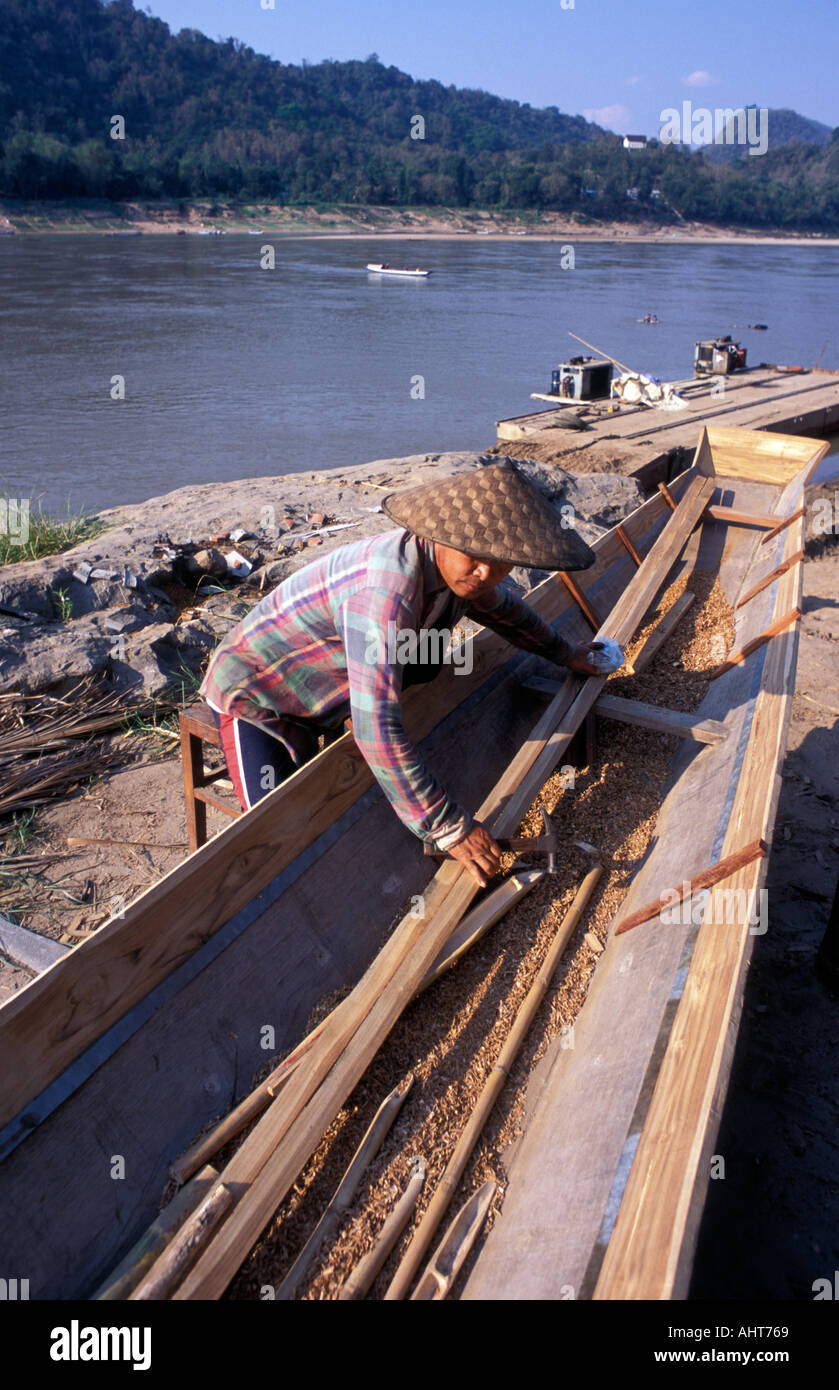 Laos Luang Prabang Mekong River Boat builder Stock Photo