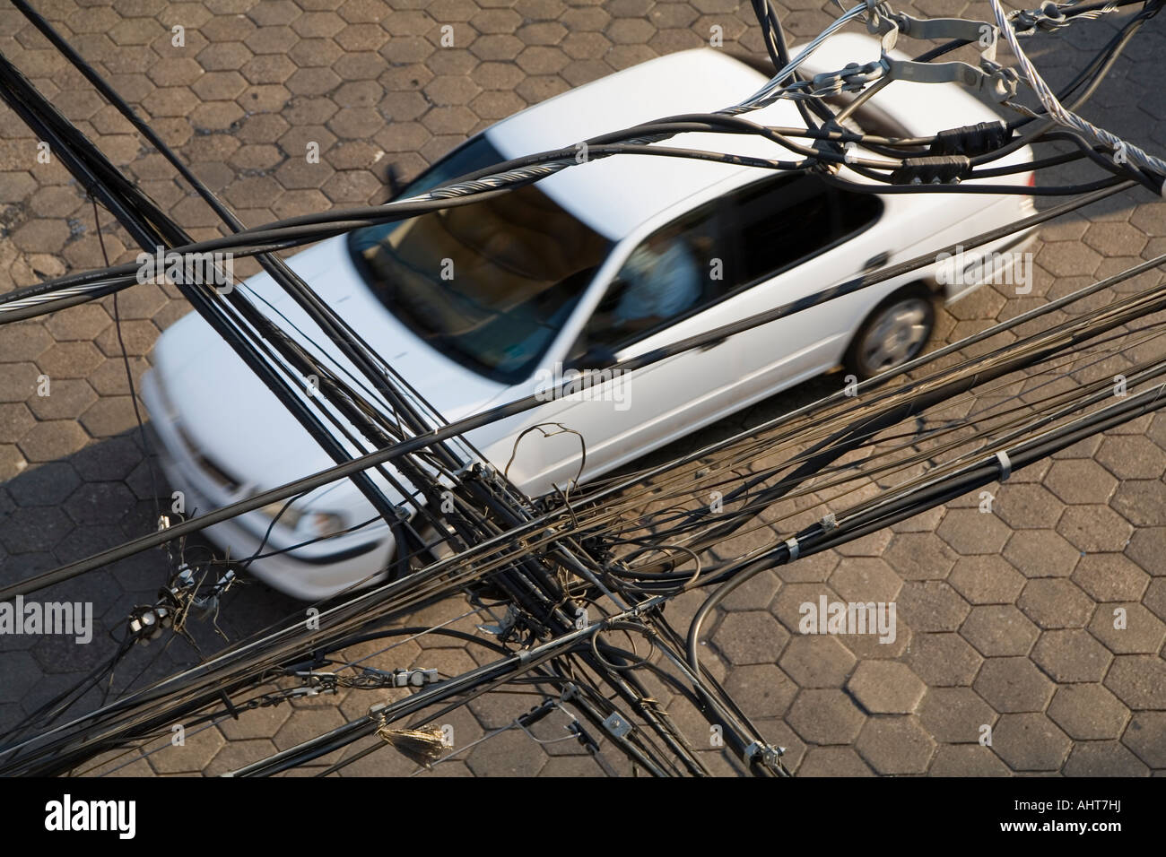 electricity cables and overhead wiring in Santa Cruz,  Bolivia Stock Photo