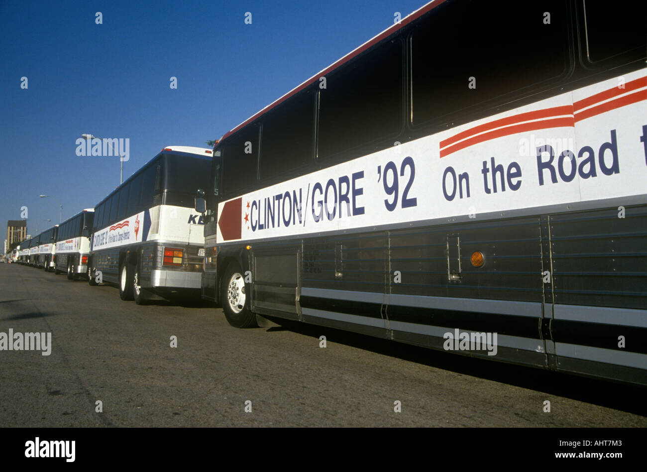 Clinton Gore buses on the 1992 Buscapade campaign tour in Waco Texas Stock Photo