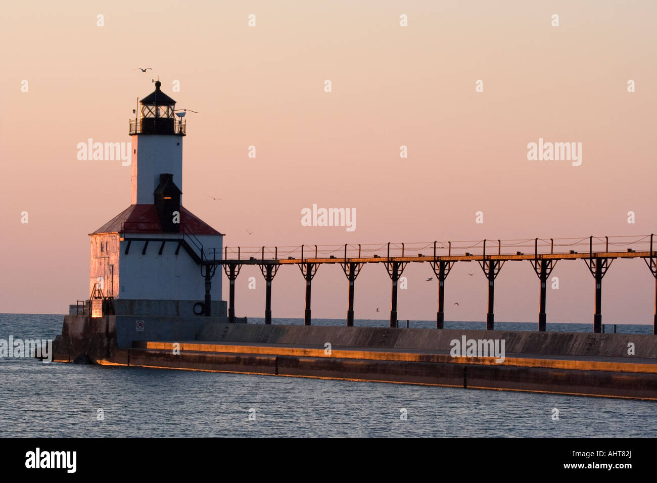 Lighthouse at Washington Park in Michigan City, Indiana at sunset Stock ...