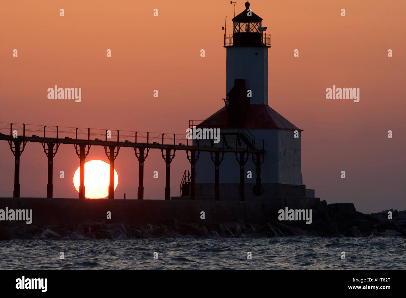 Lighthouse at Washington Park in Michigan City, Indiana at sunset Stock ...