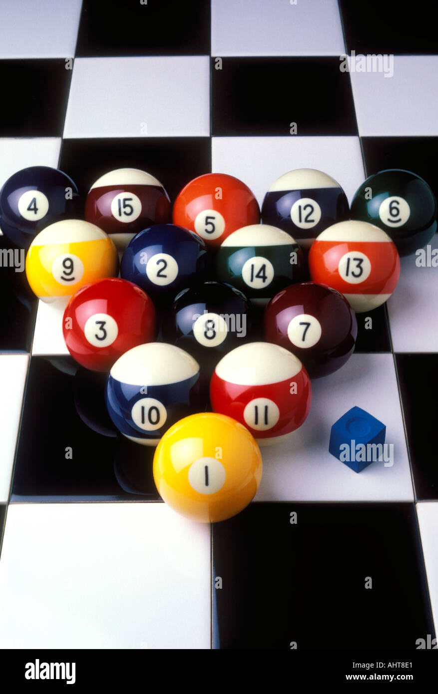 Pool balls set for break on black and white tiles Stock Photo - Alamy