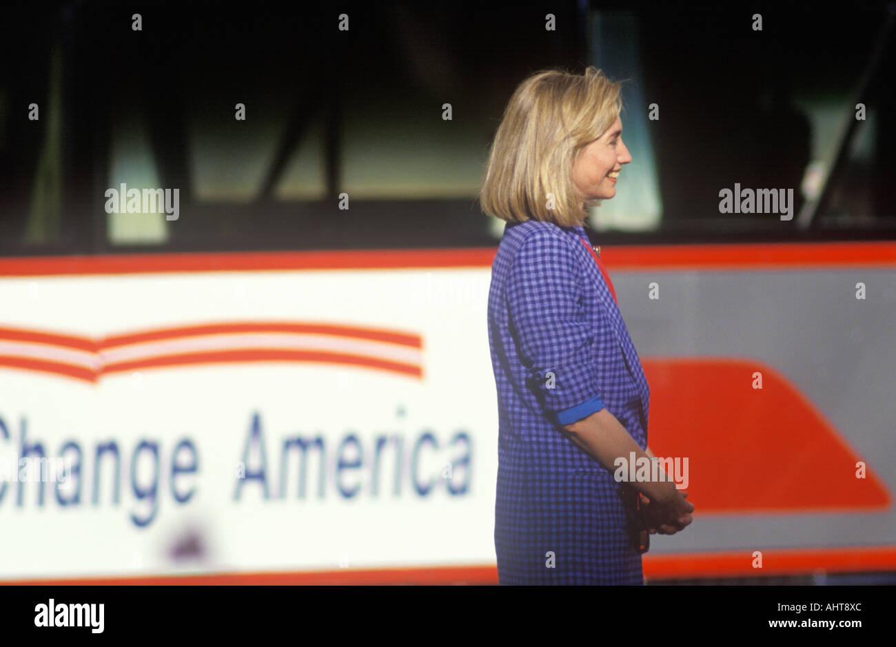 Hillary Rodham Clinton at the Clinton Gore 1992 Buscapade campaign kick off tour in Cleveland Ohio Stock Photo