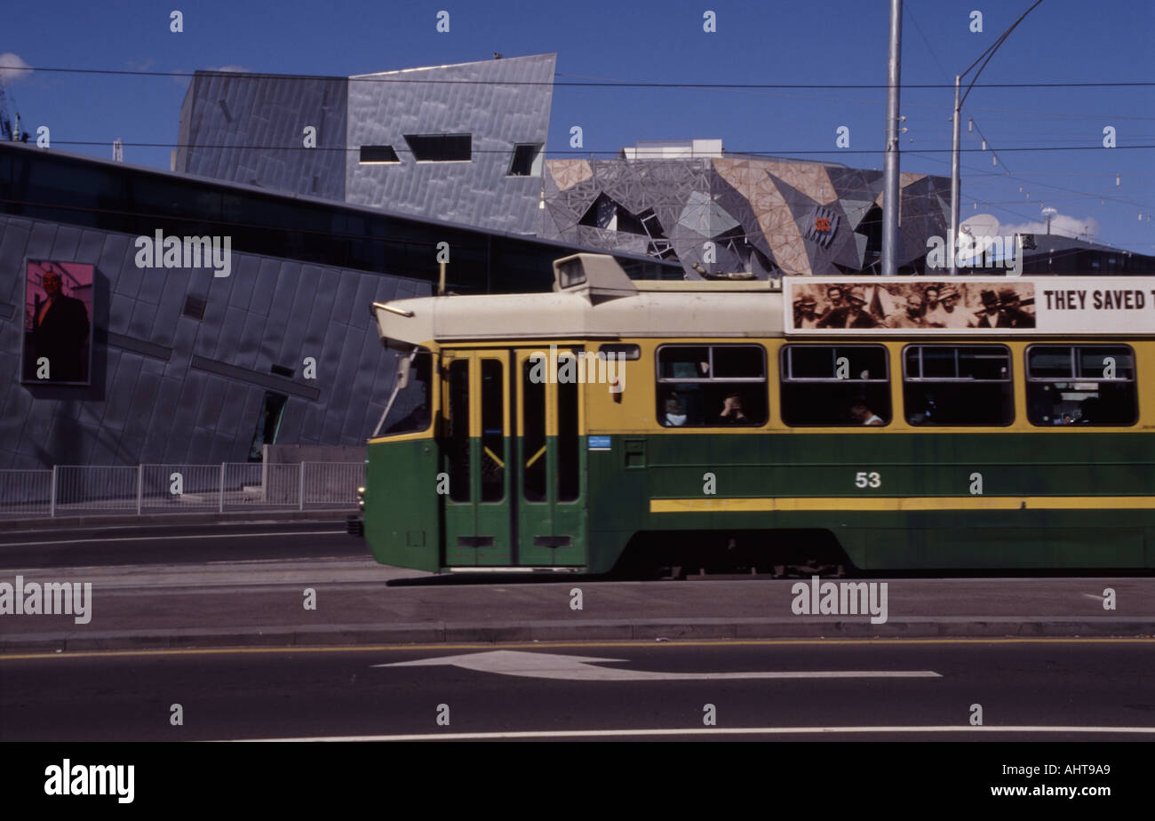 Tram in front of Federation Square Melbourne Stock Photo