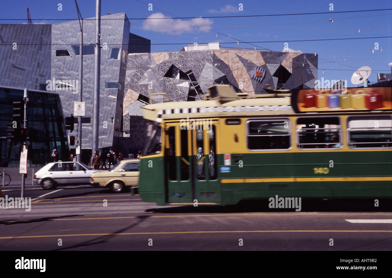 Tram in front of Federation Square Melbourne Stock Photo