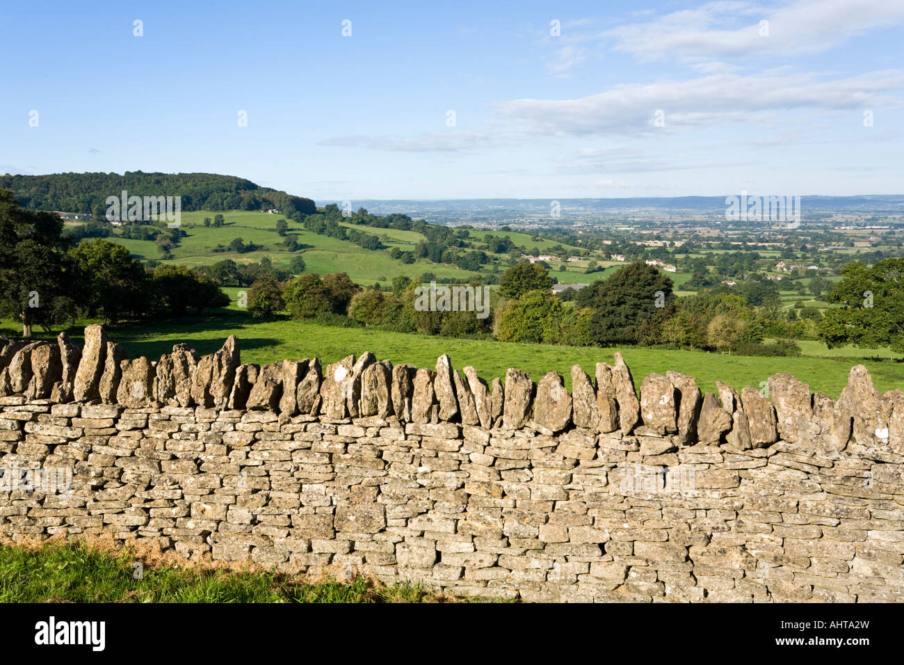 Haresfield Hill and the Severn Vale viewed from the Cotswold scarp at Edge, Gloucestershire Stock Photo
