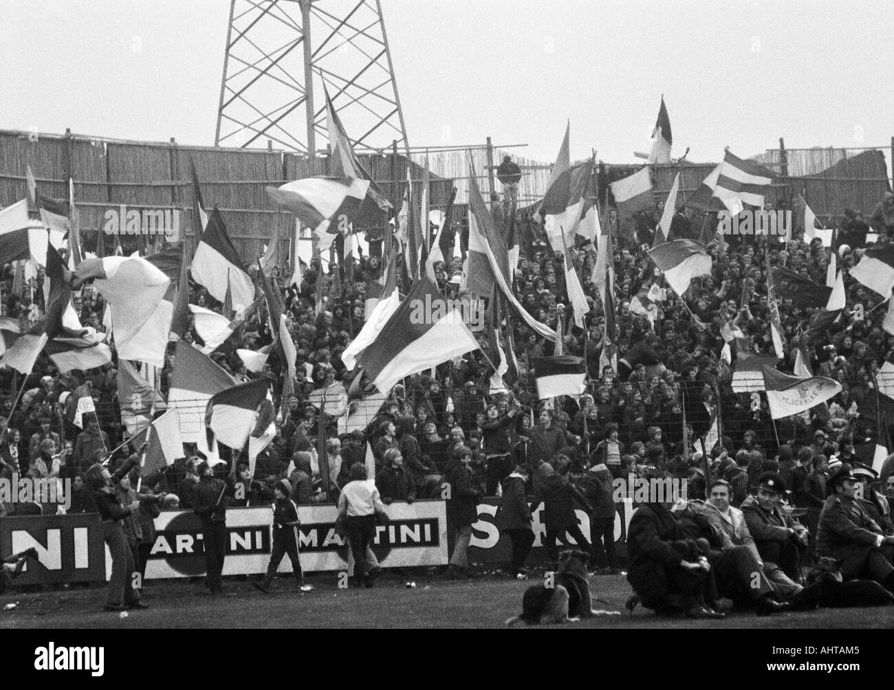 football, Bundesliga, 1971/1972, FC Schalke 04 versus VfL Bochum 4:1, Stadium Glueckaufkampfbahn in Gelsenkirchen, crowd of spectators, Schalke football fans rejoicing at a goal and wave their club flags Stock Photo