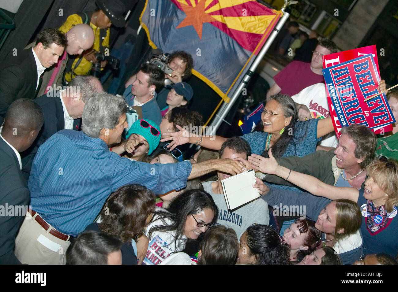 Senator John Kerry shaking hands in crowd at Heritage Square Flagstaff AZ Stock Photo