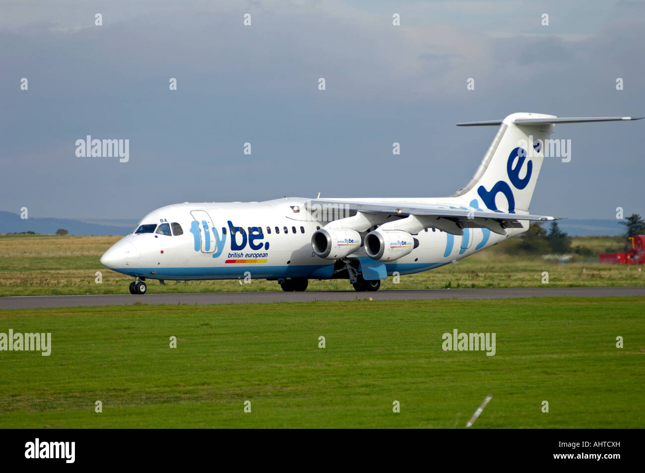 Exeter Based Flybe Aircraft- British European British Aerospace BAe-146-300 on Runway Taxi Way Stock Photo