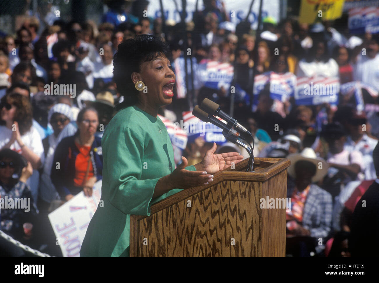 Congresswoman Maxine Waters addresses crowd at the Maxine Waters Employment  Preparation Center during a 1992 Clinton Gore Stock Photo - Alamy