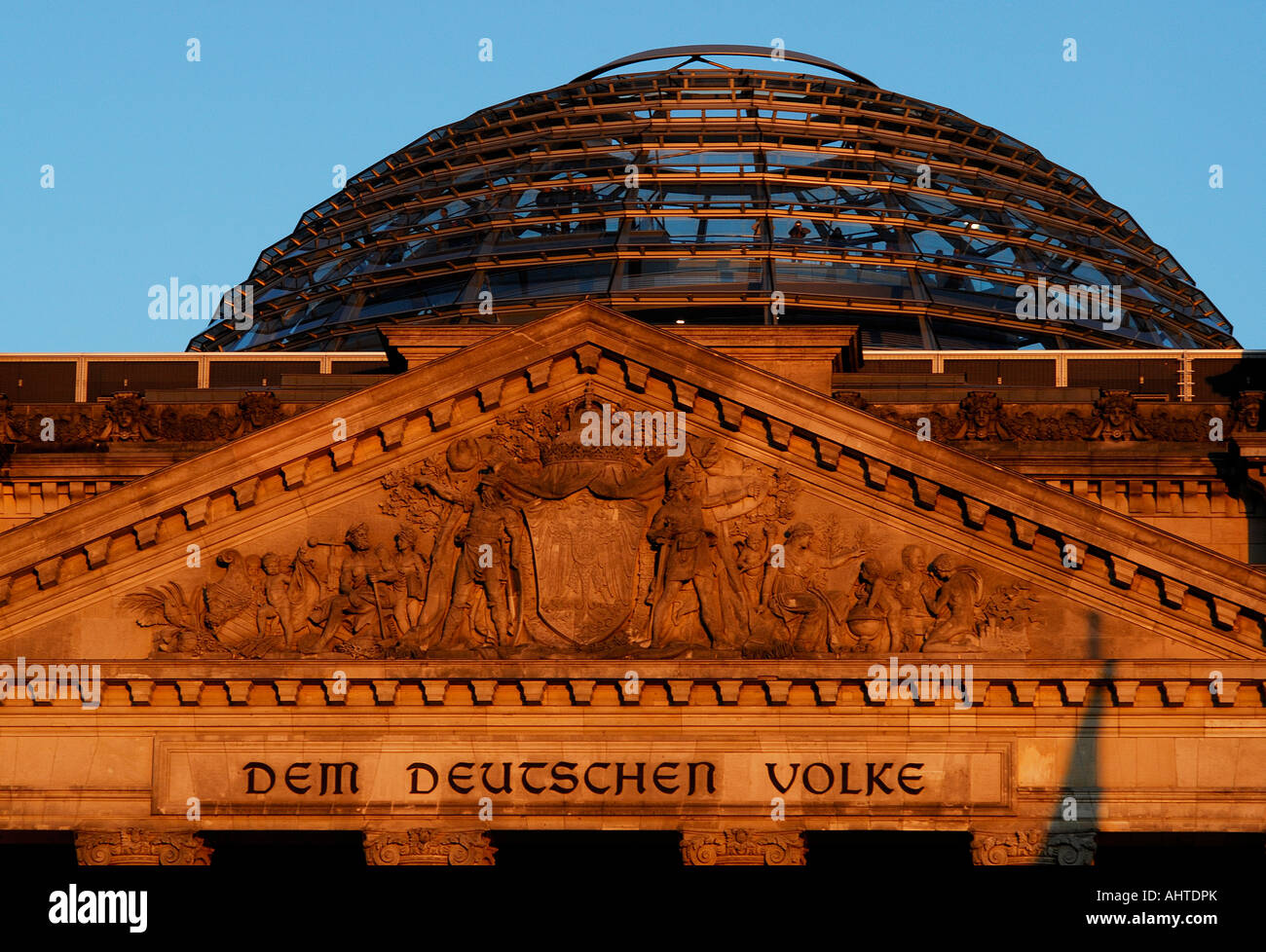 Reichstag cupola, inscription 'To the German People', Berlin, Germany Stock Photo