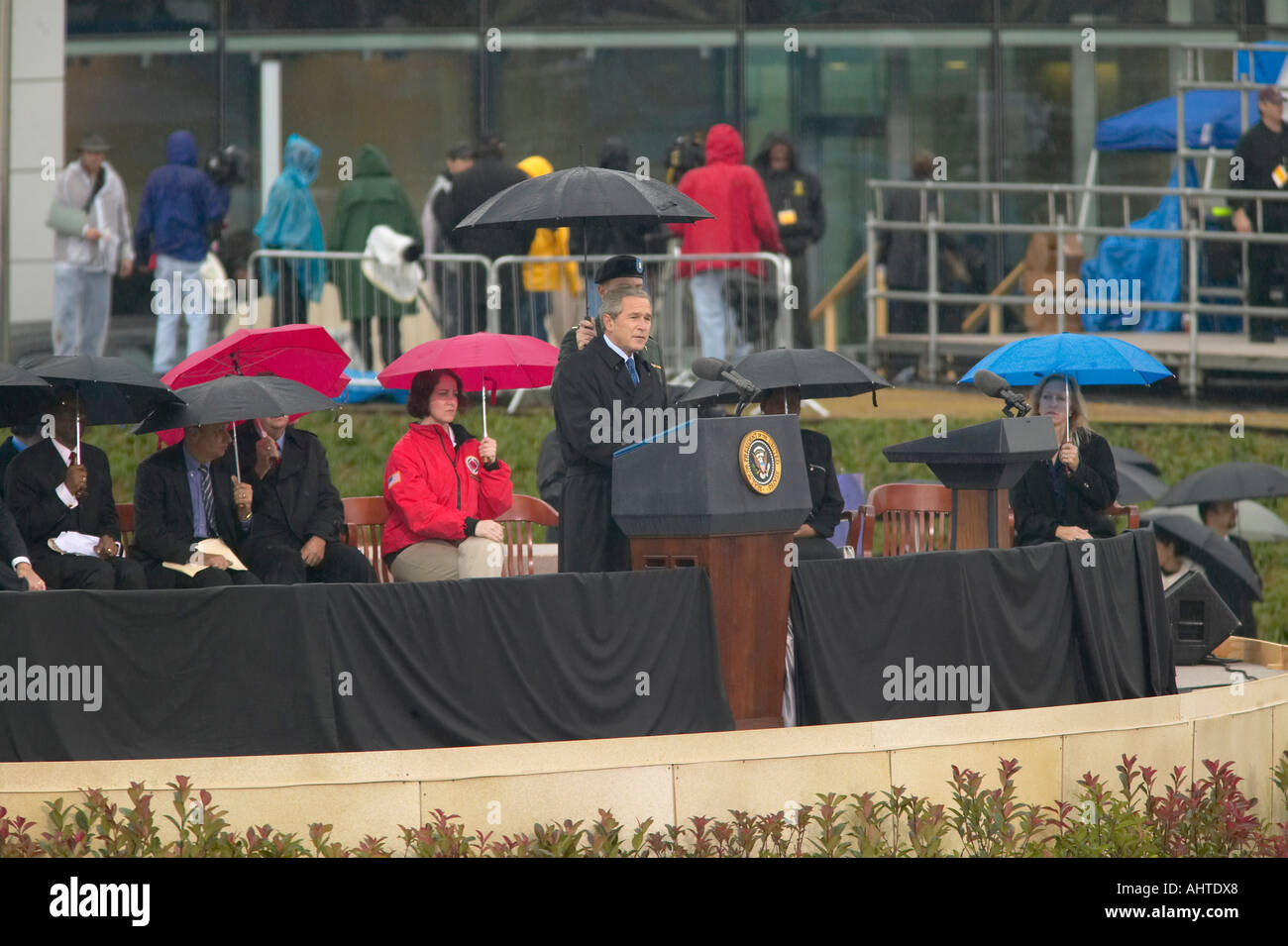 US President George W Bush speaks during the grand opening ceremony of the William J Clinton Presidential Center in Little Rock Stock Photo