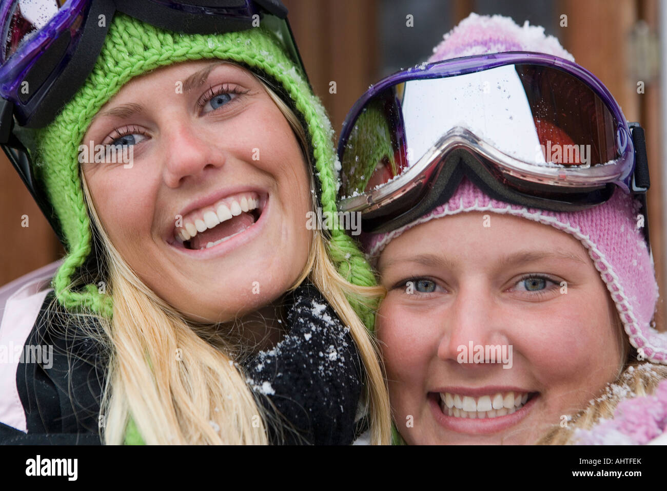 Two young blonde women in ski-wear, close-up, portrait Stock Photo