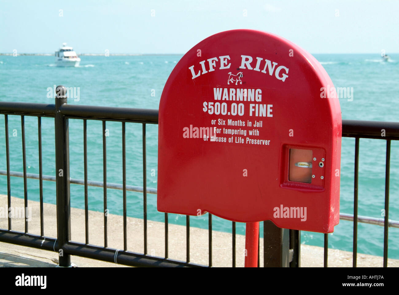 Emergency life saving floating ring is available for emergencies on the Navy Pier in Chicago Illinois Stock Photo