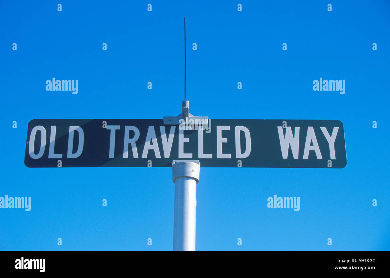 A sign that reads Old Traveled Way Stock Photo