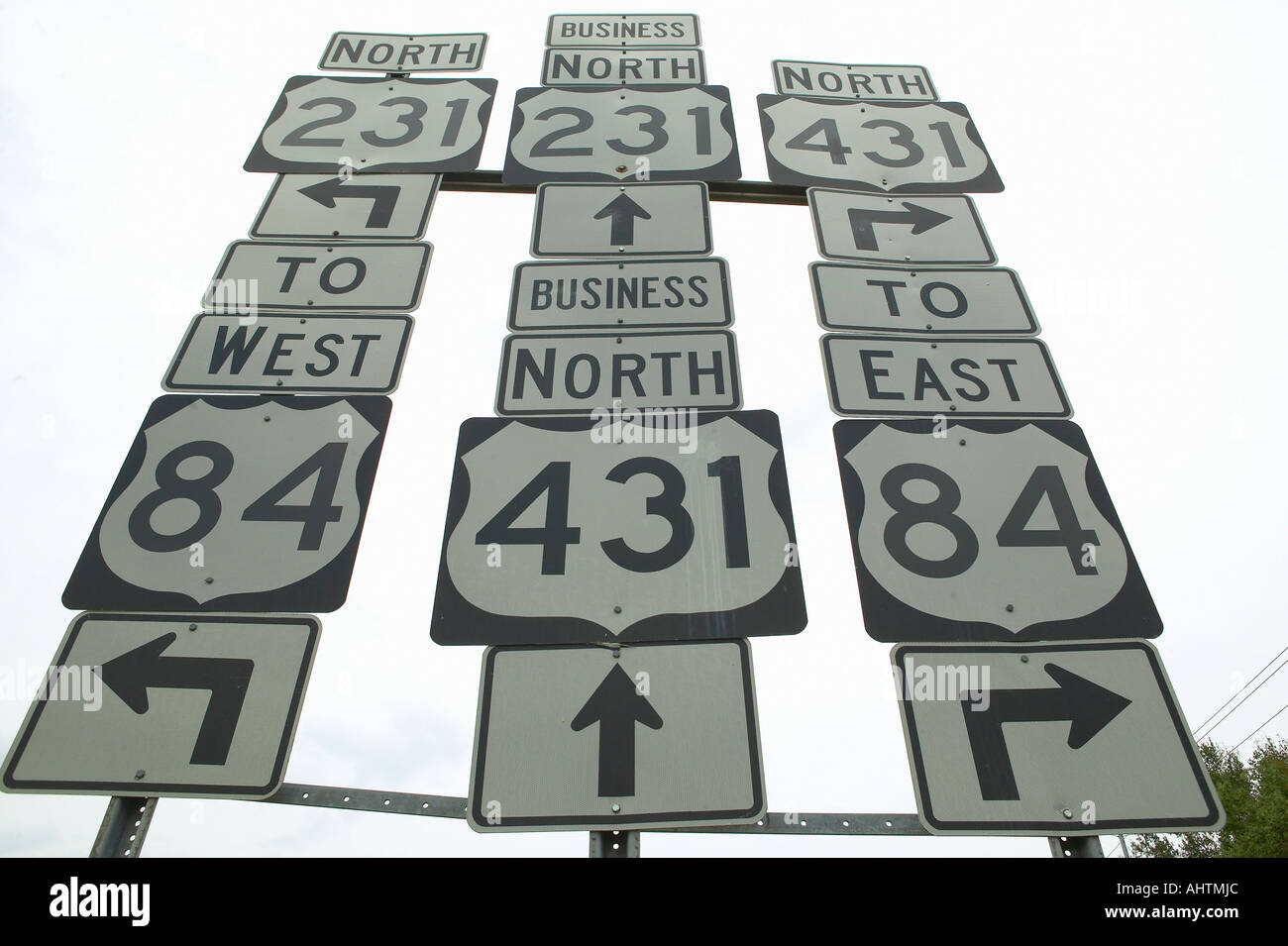 State highway signs pointing in all directions in Southeast USA Stock