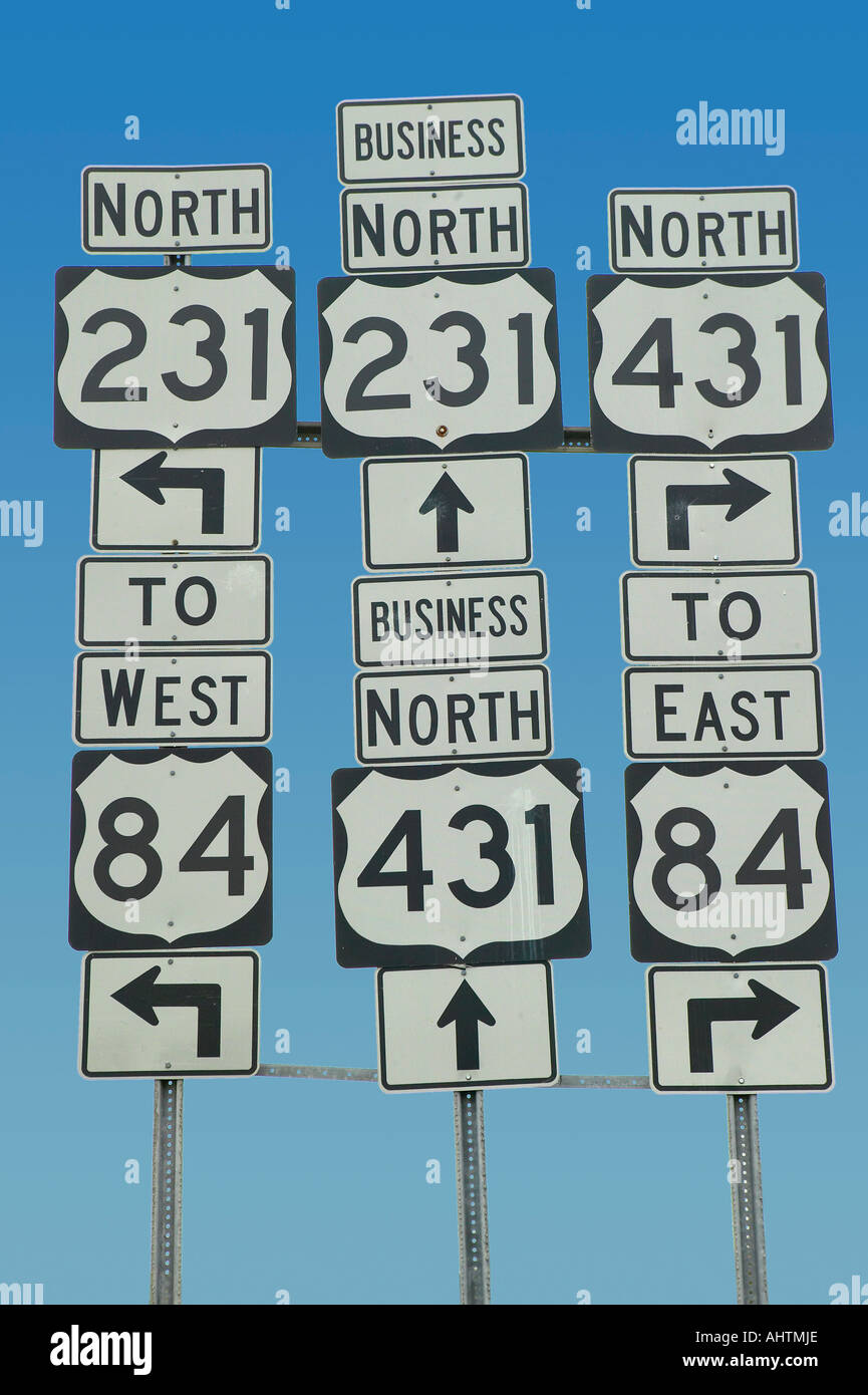State highway signs pointing in all directions in Southeast USA Stock Photo