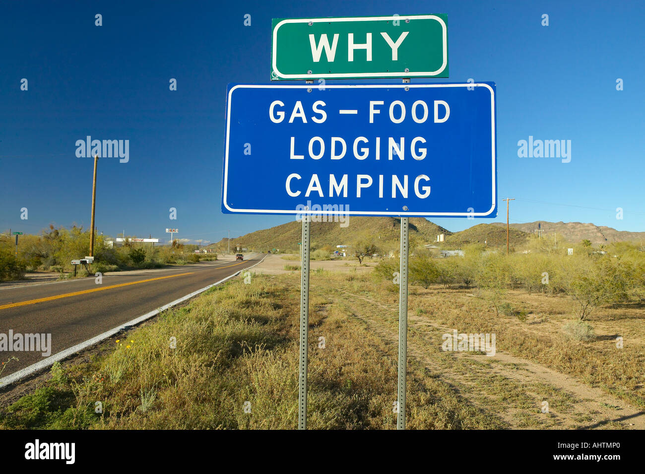 A sign announces to the traveler that they are in Why AZ near the Mexico and USA borders Stock Photo