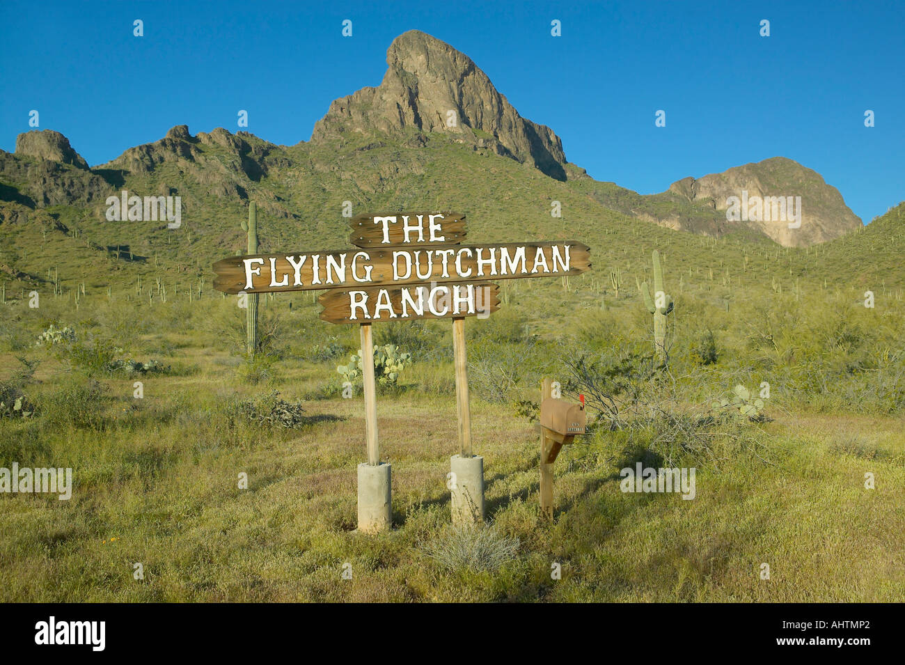 A sign directing travelers to the Flying Dutchman Ranch near Picacho Peak State Park North of Tucson AZ Stock Photo