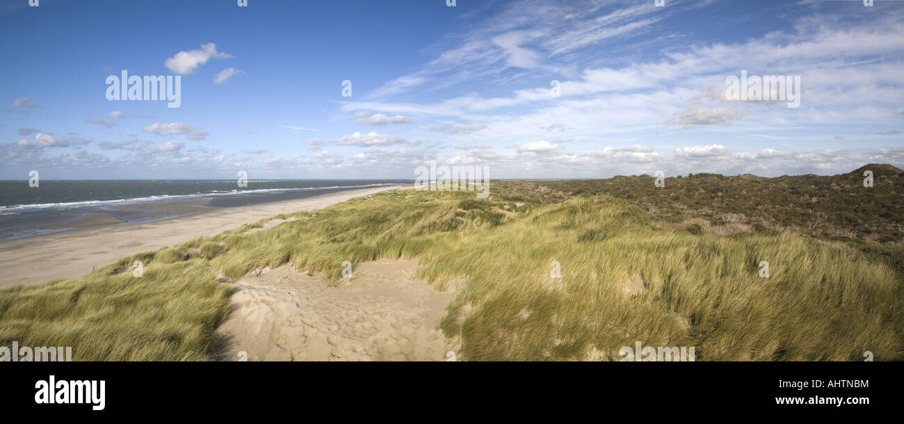 Panoramic of Dutch dunes, beach and sea, Haamstede, Zealand, Netherlands Stock Photo