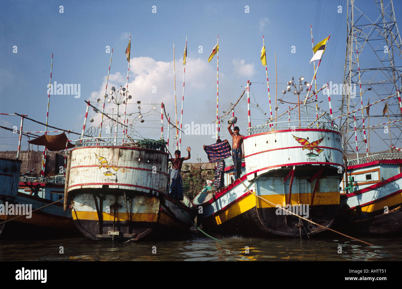 Fishing boats moored in harbour on the Padma River, Bangladesh Stock Photo