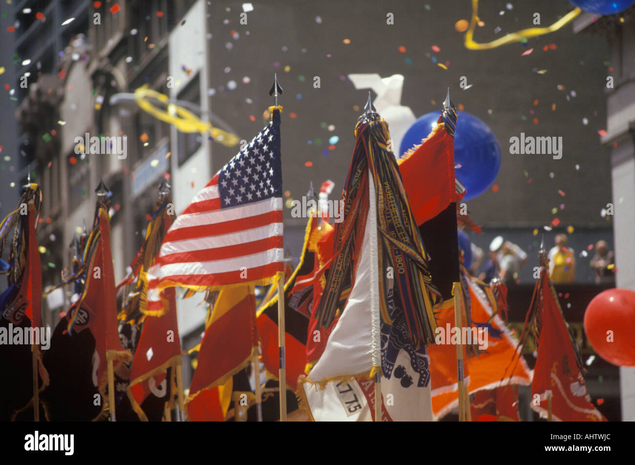 Flags Held Aloft in Ticker Tape Parade New York City New York Stock Photo