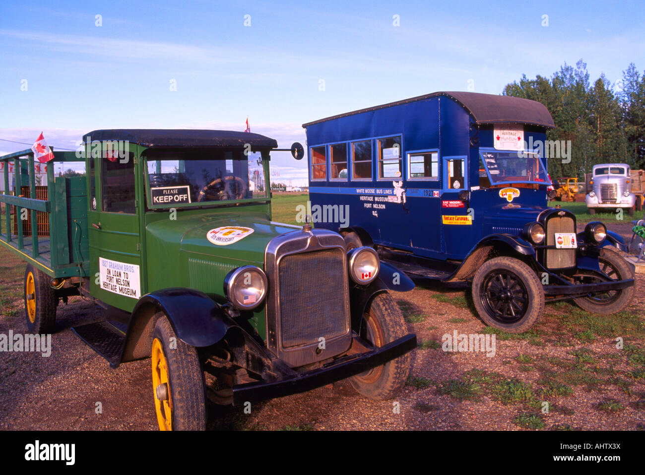 A 1927 Dodge Graham Truck and a Vintage Chevrolet Bus at the 'Fort Nelson' Heritage Museum in Northern British Columbia Canada Stock Photo