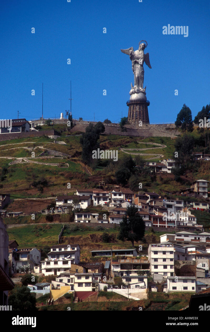 Virgin Mary statue atop Panecillo Hill, Virgin Mary statue, Virgin Mary, statue, Panecillo Hill, Quito, Pichincha Province, Ecuador, South America Stock Photo