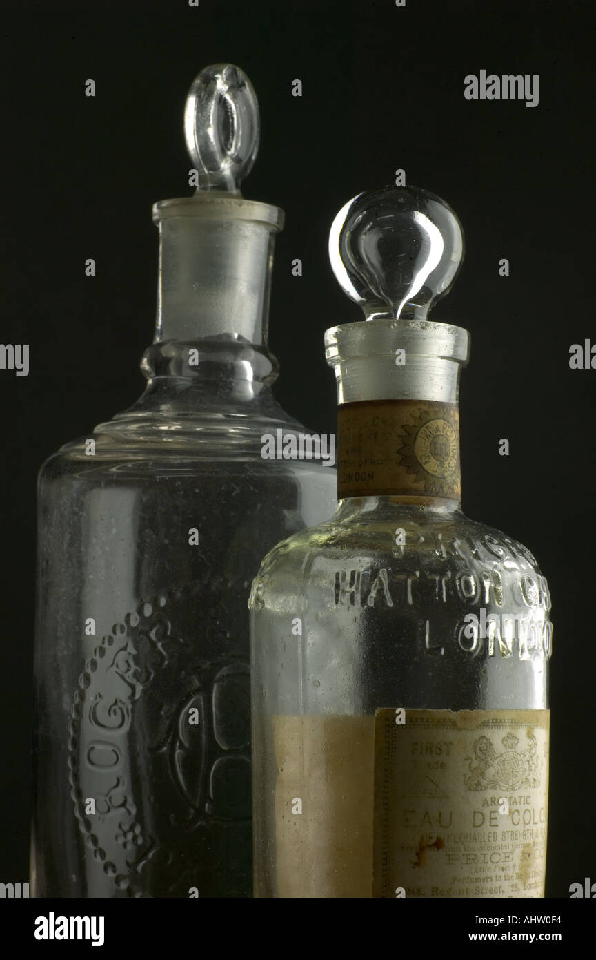 AAD 91731 Two transparent antique collectors over one hundred years old medicine glass Bottles Stock Photo